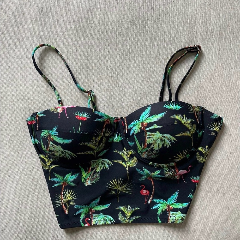 Black Tropical Palm Print Bustier Crop Top